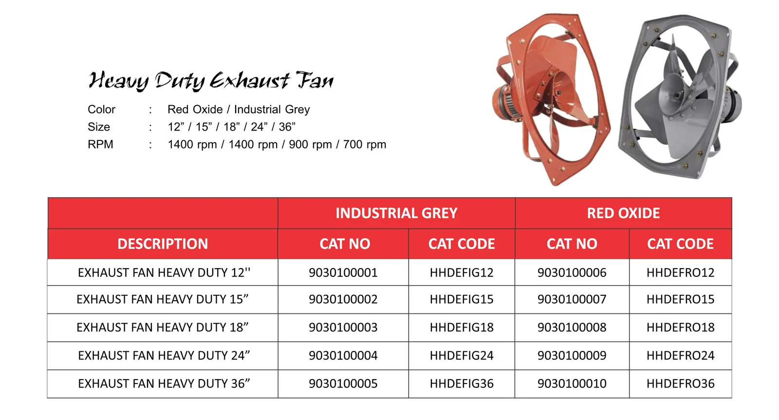 Heavy duty industrial exhaust fan specification sheet