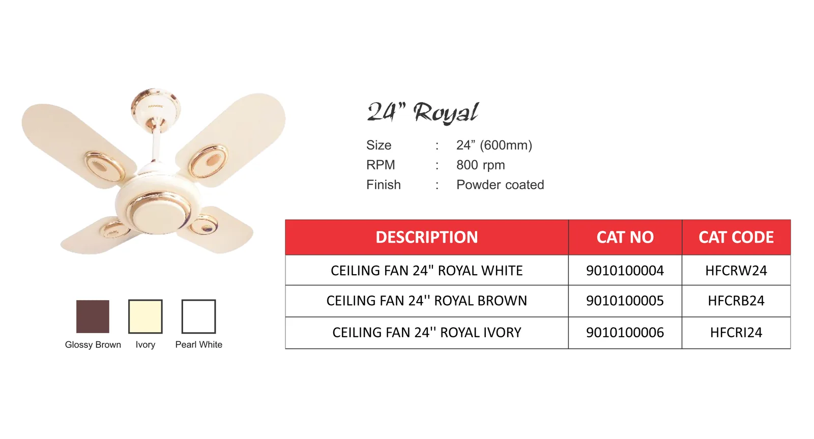 24 inch Royal mini ceiling fan: 600mm, 800 rpm, powder coated, in glossy brown, ivory and pearl white