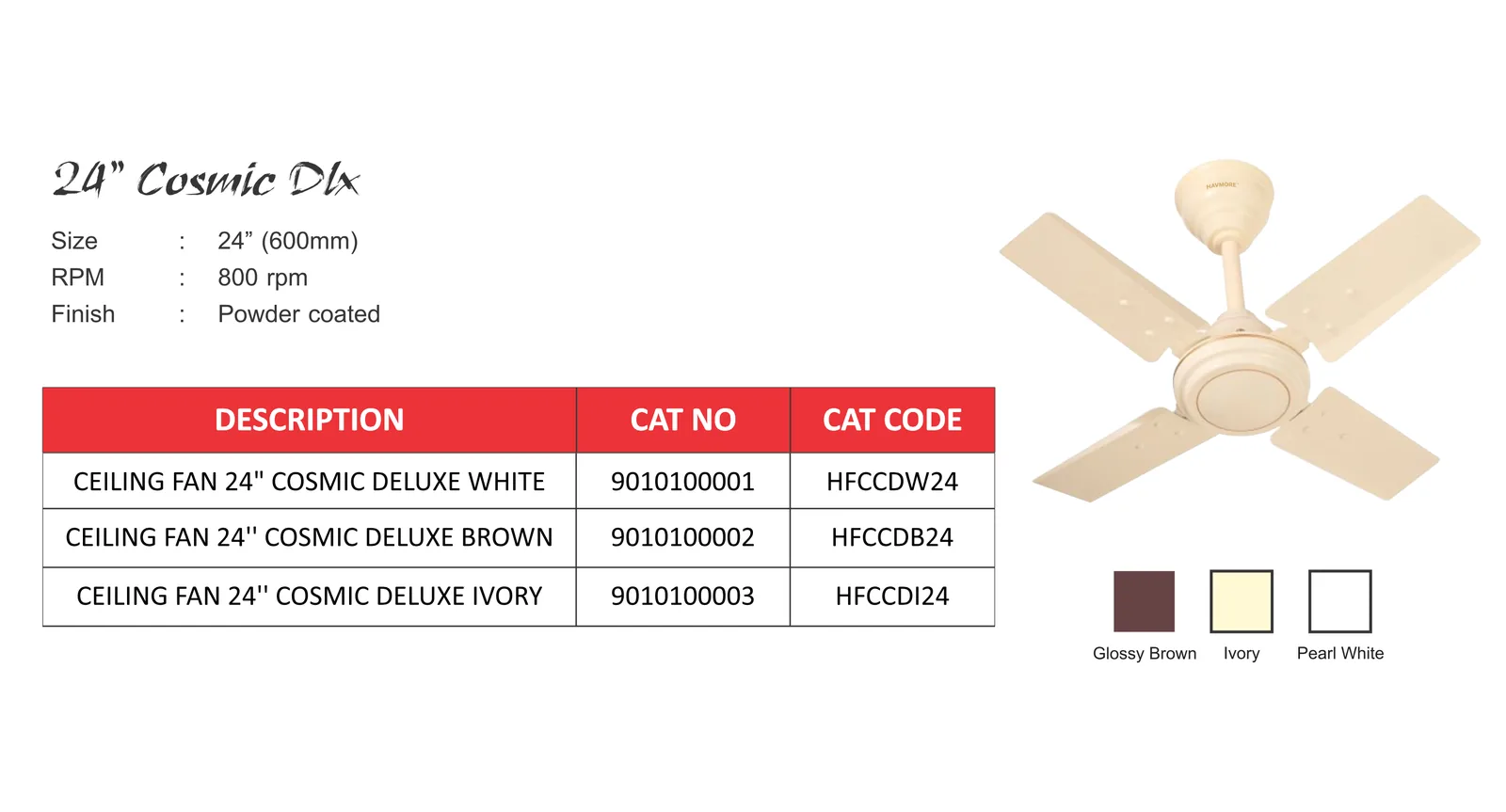 24 inch Cosmic DLX mini ceiling fan specification sheet