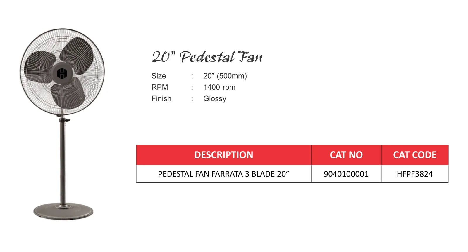 20 inch pedestal fan, 500mm, specification sheet