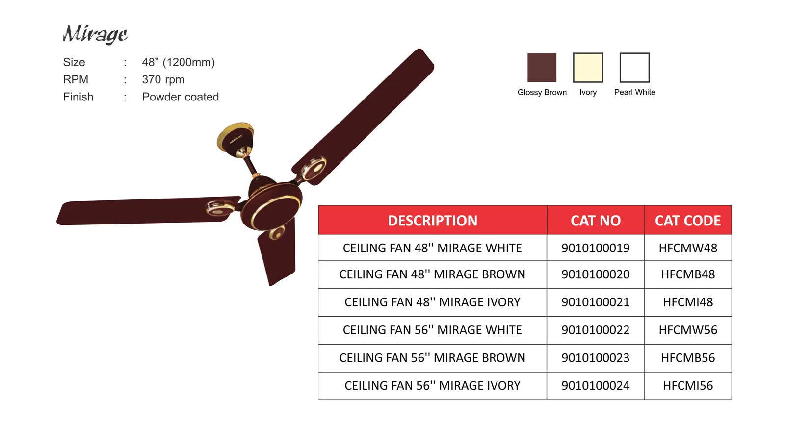 Mirage ceiling fan specification sheet